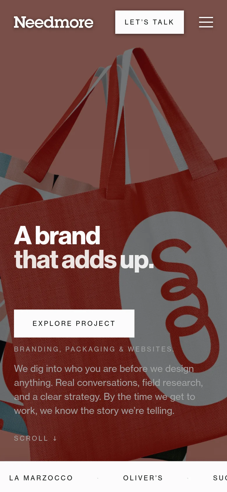 Mobile version of the homepage with a vertically stacked layout. The hero image of red tote bags fills the background, with the headline, 'EXPLORE PROJECT' button, and descriptive text centered over the image. The top navigation includes the brand name, a 'LET'S TALK' button, and a hamburger menu icon.