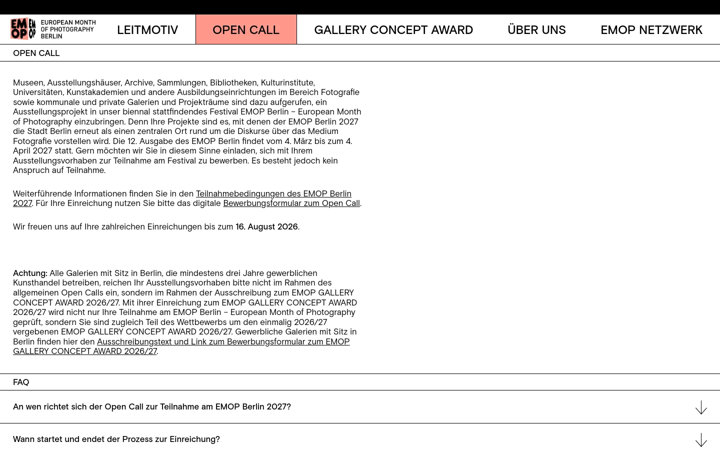 The desktop page features a clean, minimalist layout with a white background and black text. A horizontal navigation bar at the top includes the EMOP Berlin logo and links such as 'LEITMOTIV', 'OPEN CALL' (highlighted in red), and 'GALLERY CONCEPT AWARD'. The main content area displays a large 'OPEN CALL' heading followed by detailed German text regarding exhibition submissions and an FAQ section with expandable accordion menus.