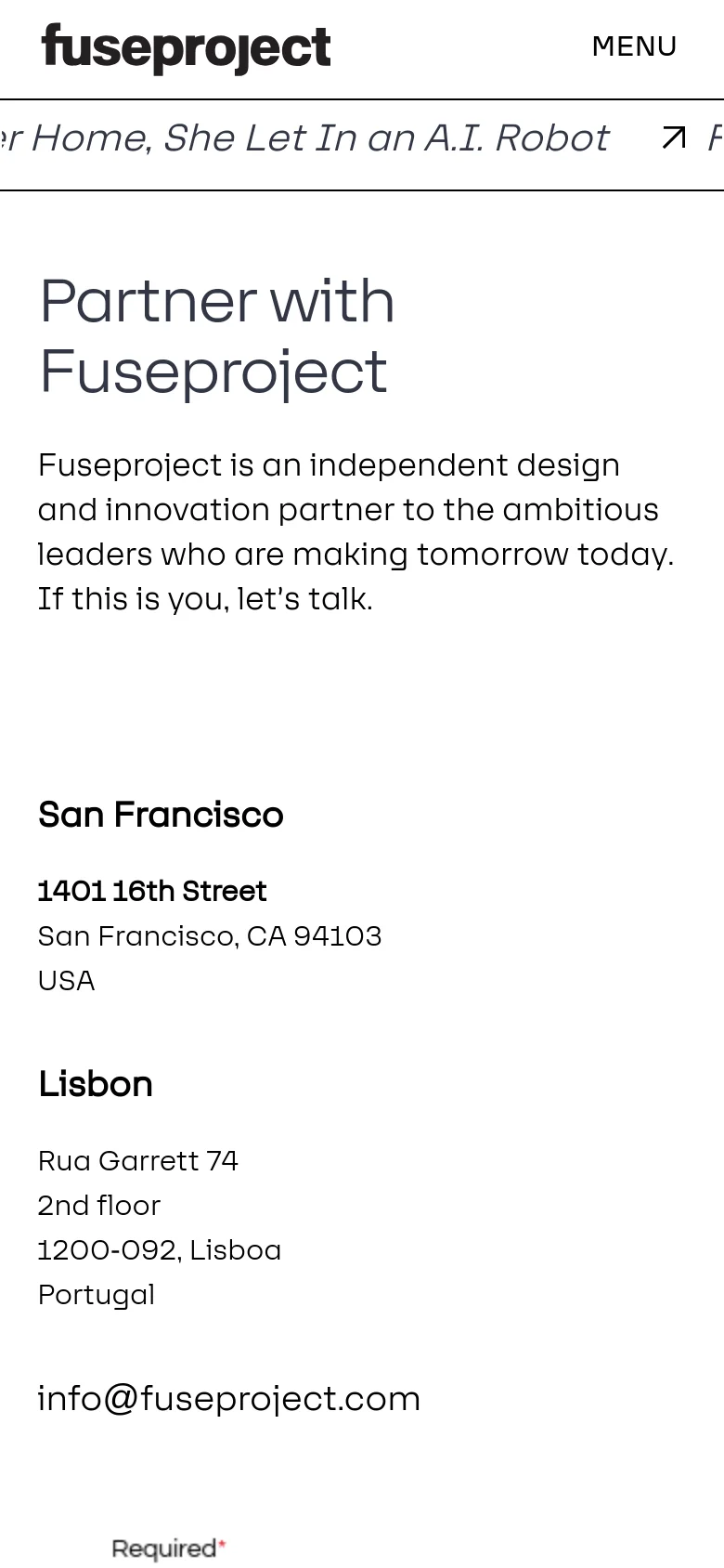 The mobile version simplifies the layout into a single vertical column, placing the 'Partner with Fuseproject' headline and text at the top, followed by the San Francisco and Lisbon addresses. The contact form is moved below the address information, and the top navigation is replaced by a 'MENU' button next to the Fuseproject logo.