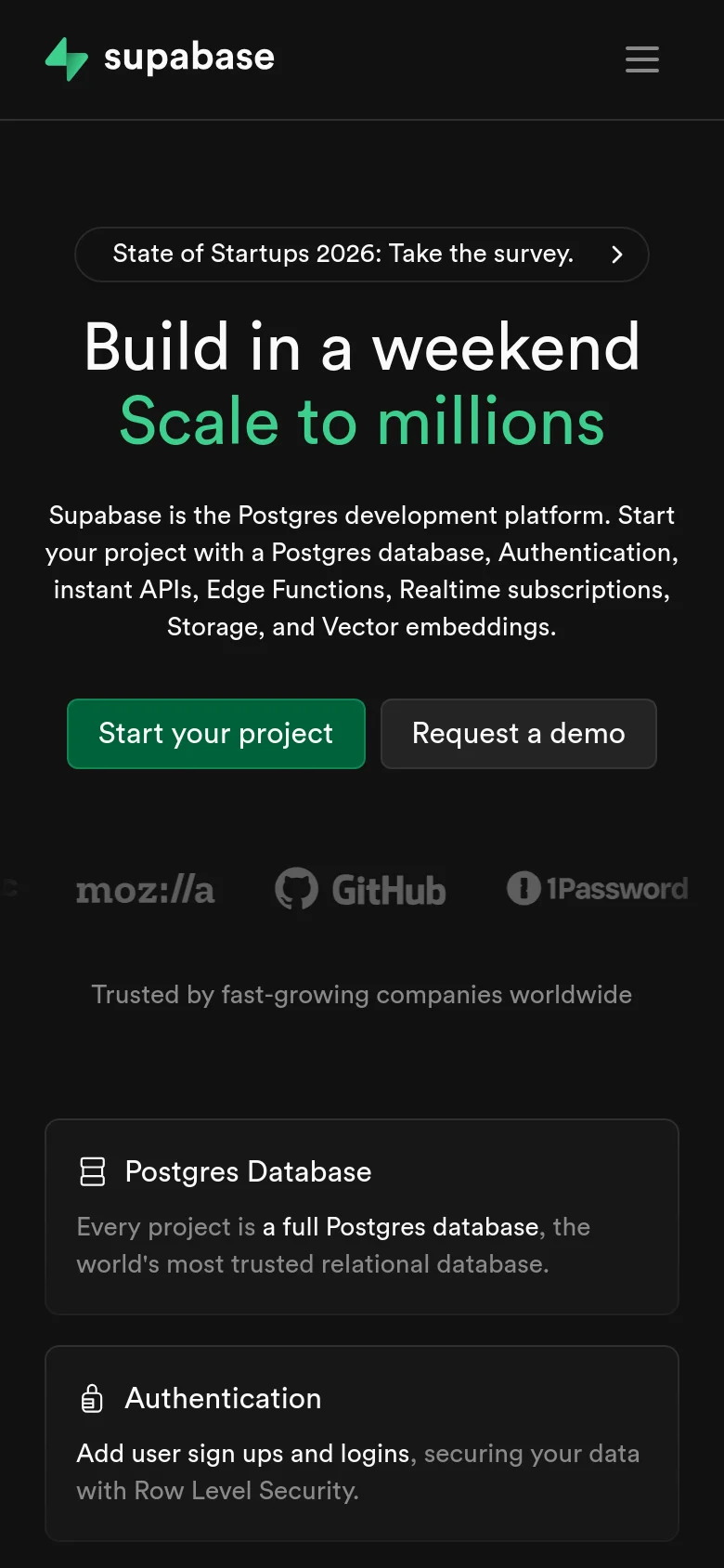 The mobile version maintains the dark theme but uses a vertical layout with centered text and buttons. The headline and description are stacked, and the 'Start your project' and 'Request a demo' buttons are positioned prominently below the text. The company logo section is also centered, and the navigation is condensed into a hamburger menu at the top right.