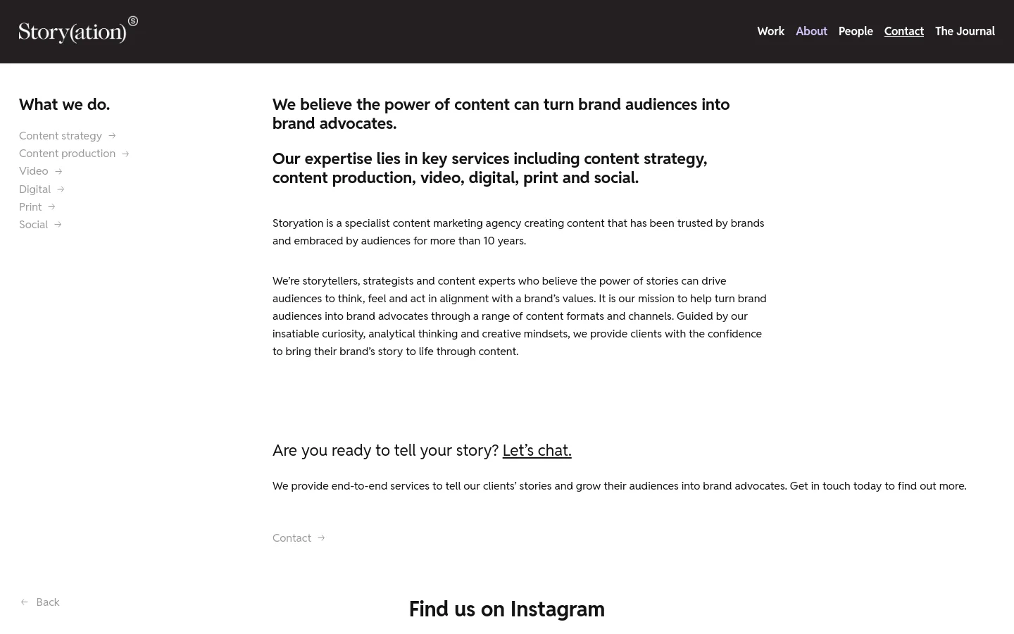 The desktop About page features a minimalist white background with a black header containing the Storyation logo and navigation links. The layout uses a two-column structure with a 'What we do' sidebar on the left and main body text on the right, emphasizing bold headings and clean typography.