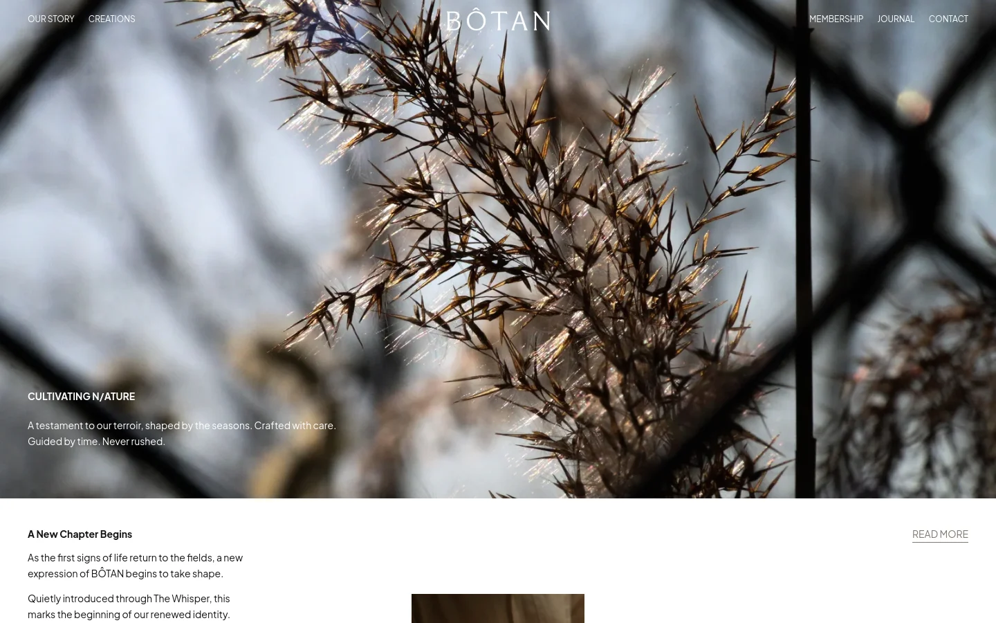 The desktop homepage features a large hero image of sunlit dried grasses behind a window frame, with the headline 'CULTIVATING N/ATURE' and a brief description. A navigation bar at the top includes links for Our Story, Creations, Membership, Journal, and Contact. Below the hero section, a text block introduces 'A New Chapter Begins' next to a 'Read More' call to action.