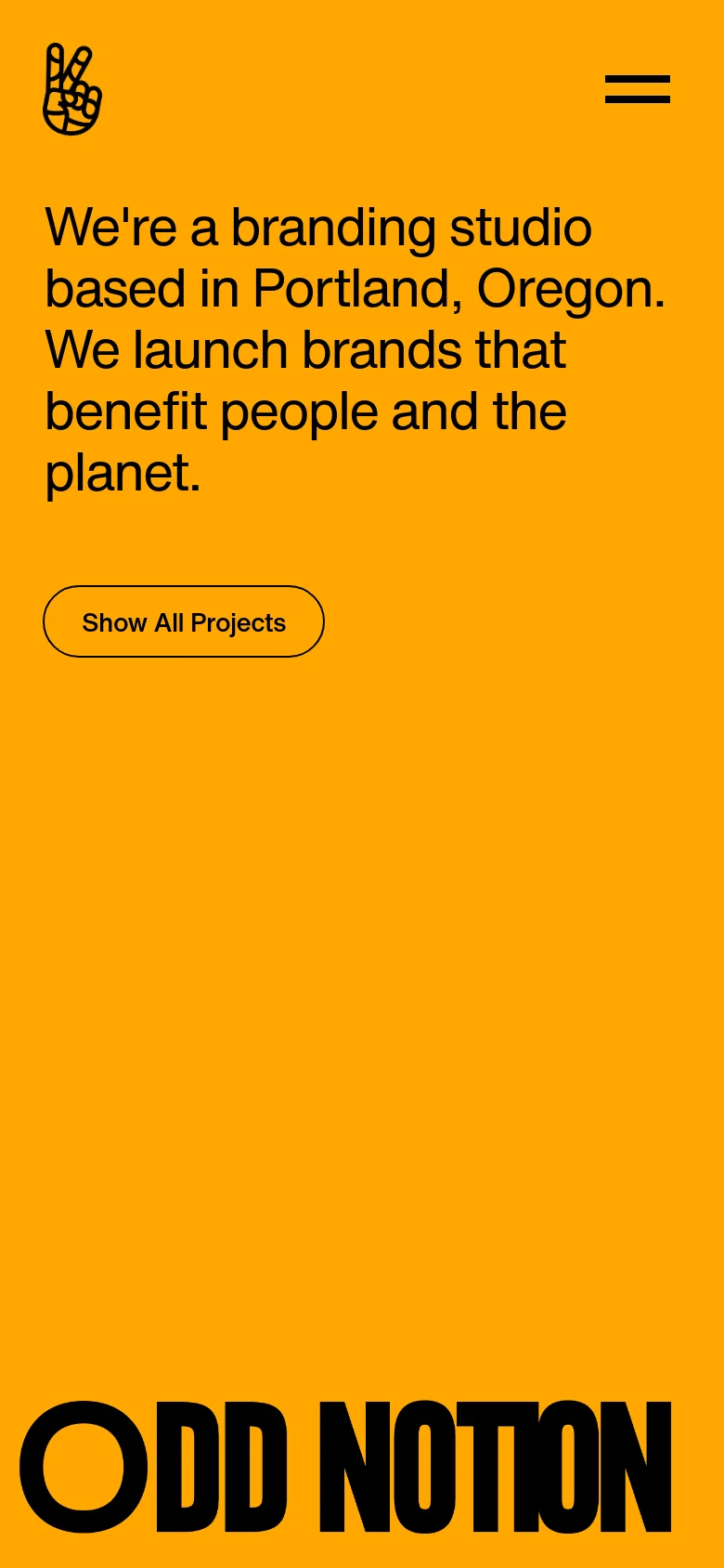 The mobile version maintains the clean white and black aesthetic but uses a single-column vertical layout. The hero text and 'Show All Projects' button are stacked, and the awards and project grids are resized to fit the narrow screen width for easy scrolling.