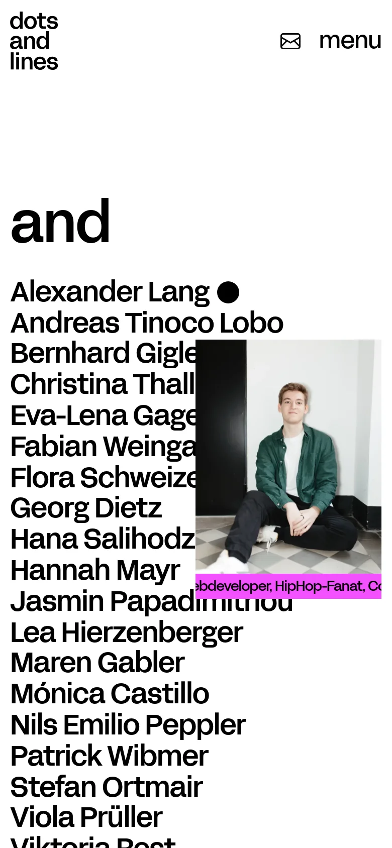 dotsandlines People page in a mobile view with a stacked layout. Large bold typography for names is paired with a reflowed portrait image, maintaining the high-contrast minimalist design and clean white background.