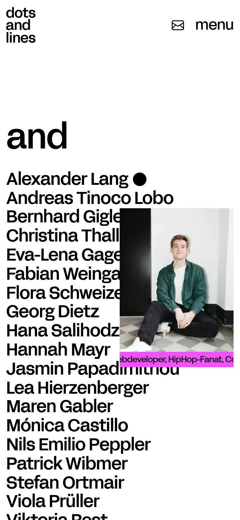 dotsandlines People page in a mobile view with a stacked layout. Large bold typography for names is paired with a reflowed portrait image, maintaining the high-contrast minimalist design and clean white background.