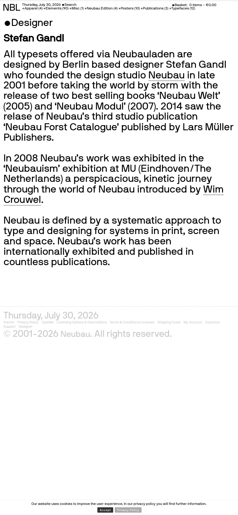 The mobile version maintains the minimalist white and black aesthetic but uses a single-column vertical layout. The text is scaled for readability on a smaller screen, and the header elements like the search and basket are condensed to fit the narrow width.