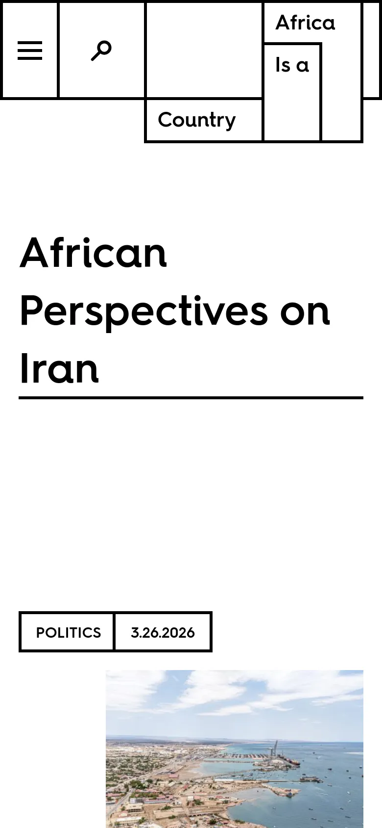 The mobile version maintains the minimalist aesthetic but uses a single-column vertical layout. The large 'African Perspectives on Iran' headline dominates the top of the screen, followed by article entries that stack vertically, with the image appearing below the text content.
