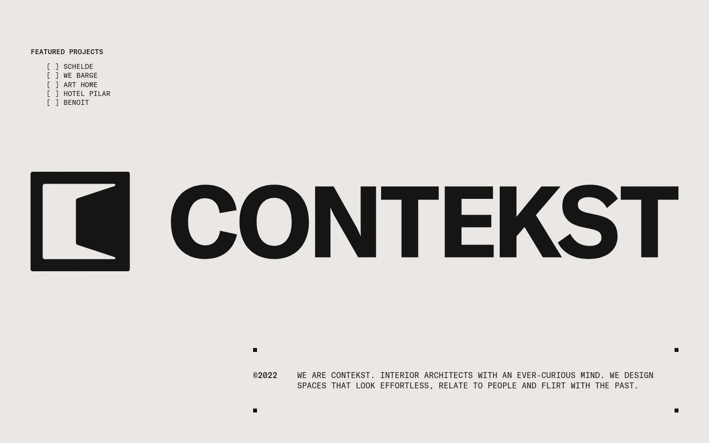 The desktop homepage features a minimalist design with a light gray background and large black typography. A grid of high-quality interior design photographs is displayed, followed by a 'Featured Projects' list and a large 'CONTEKST' logo. The footer contains a brief mission statement and copyright information.