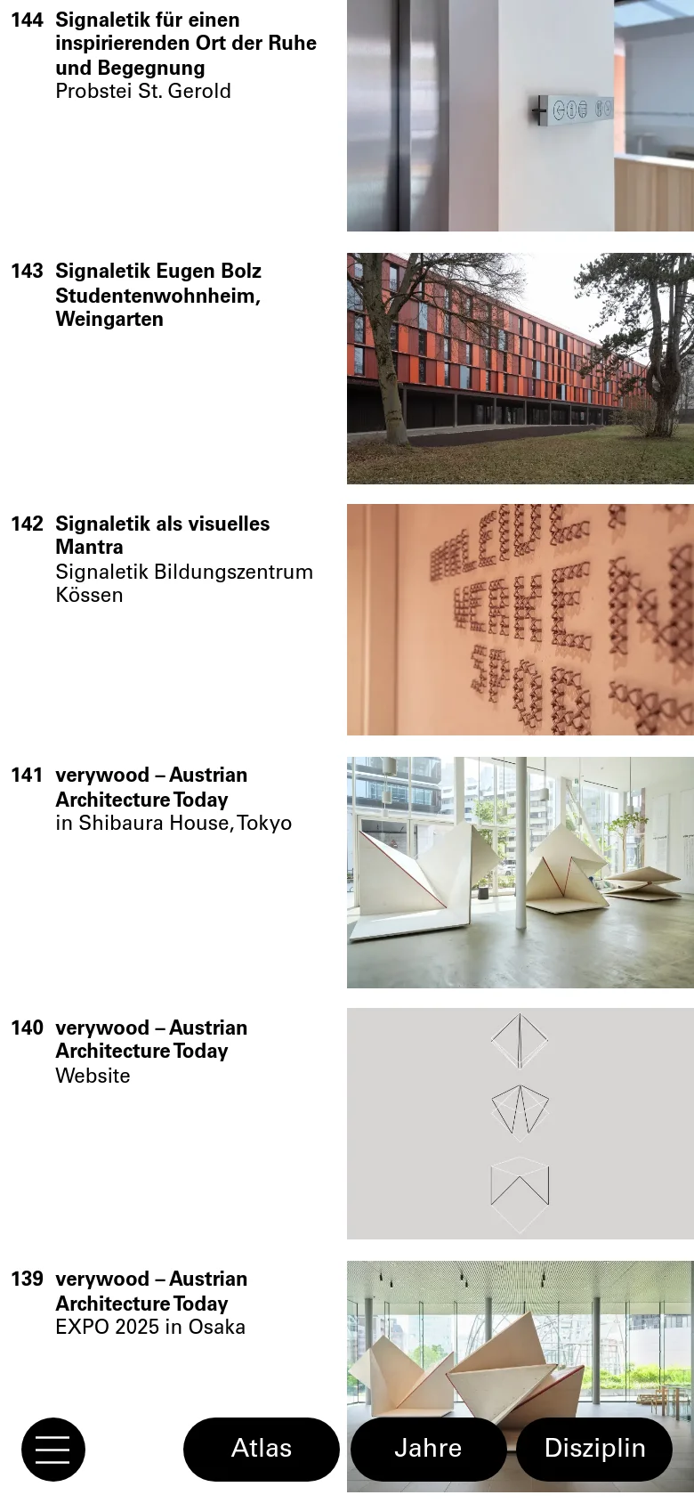The mobile version maintains the vertical list structure but optimizes the layout for a narrow screen. The project titles and numbers are stacked above their corresponding images, which span the full width of the viewport. The navigation buttons are repositioned to the bottom of the screen, with a circular menu icon on the left and the three pill-shaped buttons arranged horizontally below the content.