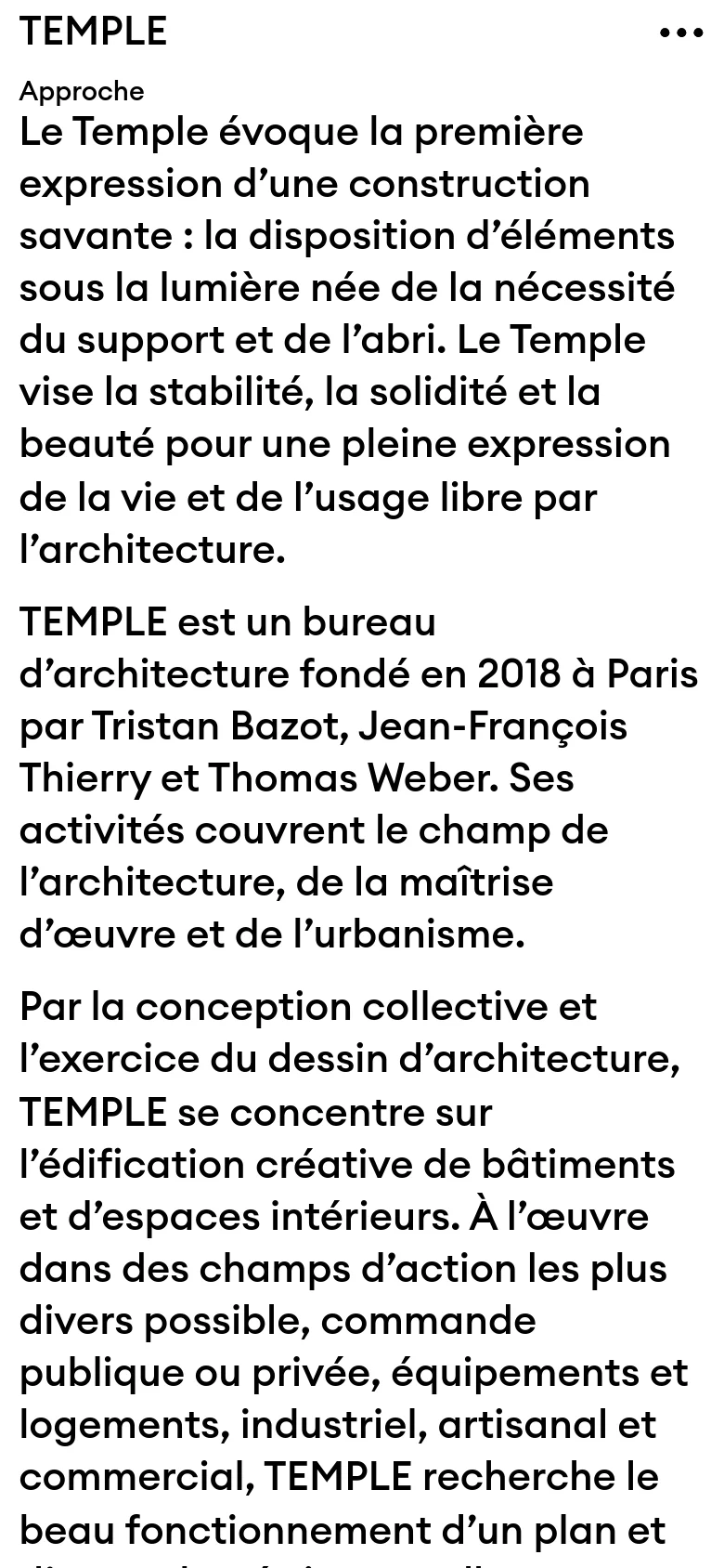 The mobile version maintains the minimalist black-and-white aesthetic but uses a single-column layout. The text is larger and spans the width of the screen, and the top navigation is condensed into a simplified header with a menu icon.