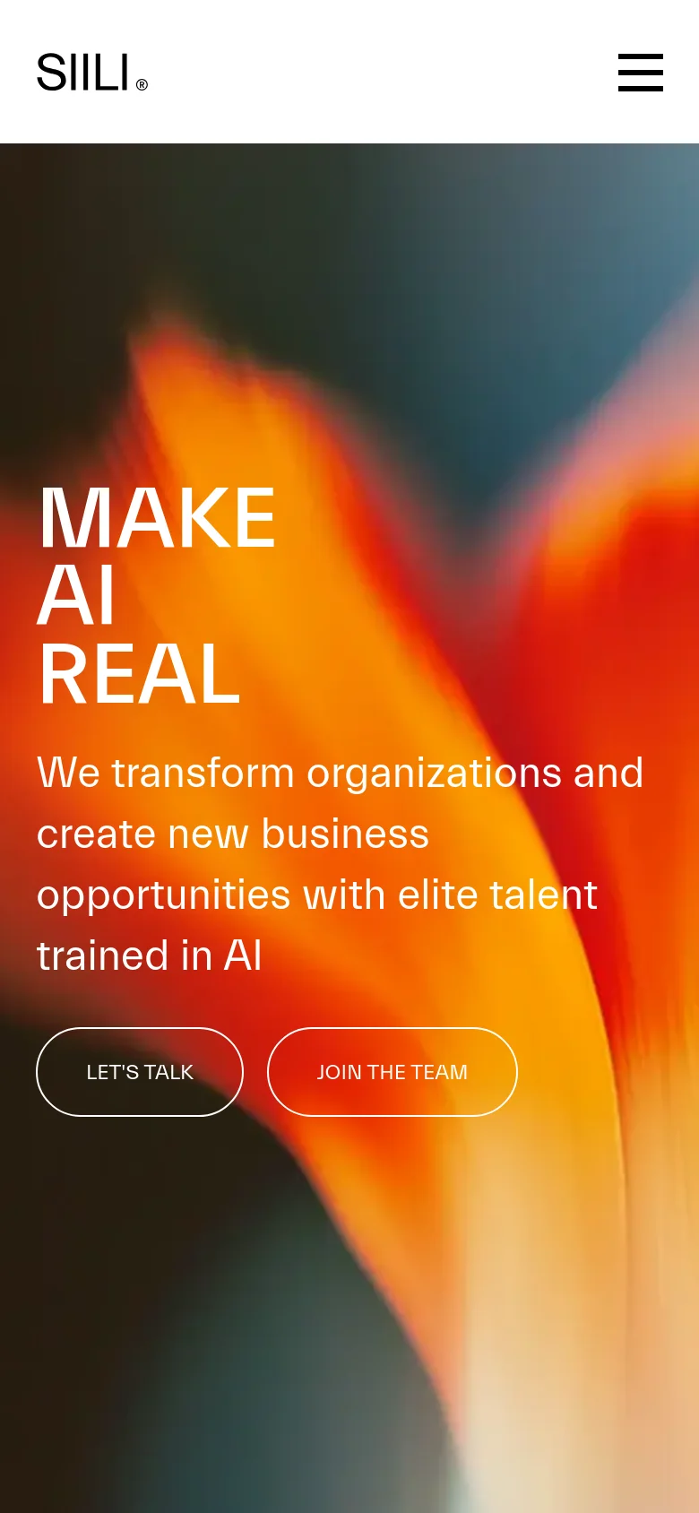 The mobile version presents a simplified layout with the Siili logo and a hamburger menu icon in the header. The hero section retains the large 'MAKE AI REAL' headline and abstract colorful background, but the text and buttons are stacked vertically to fit the narrower screen width.