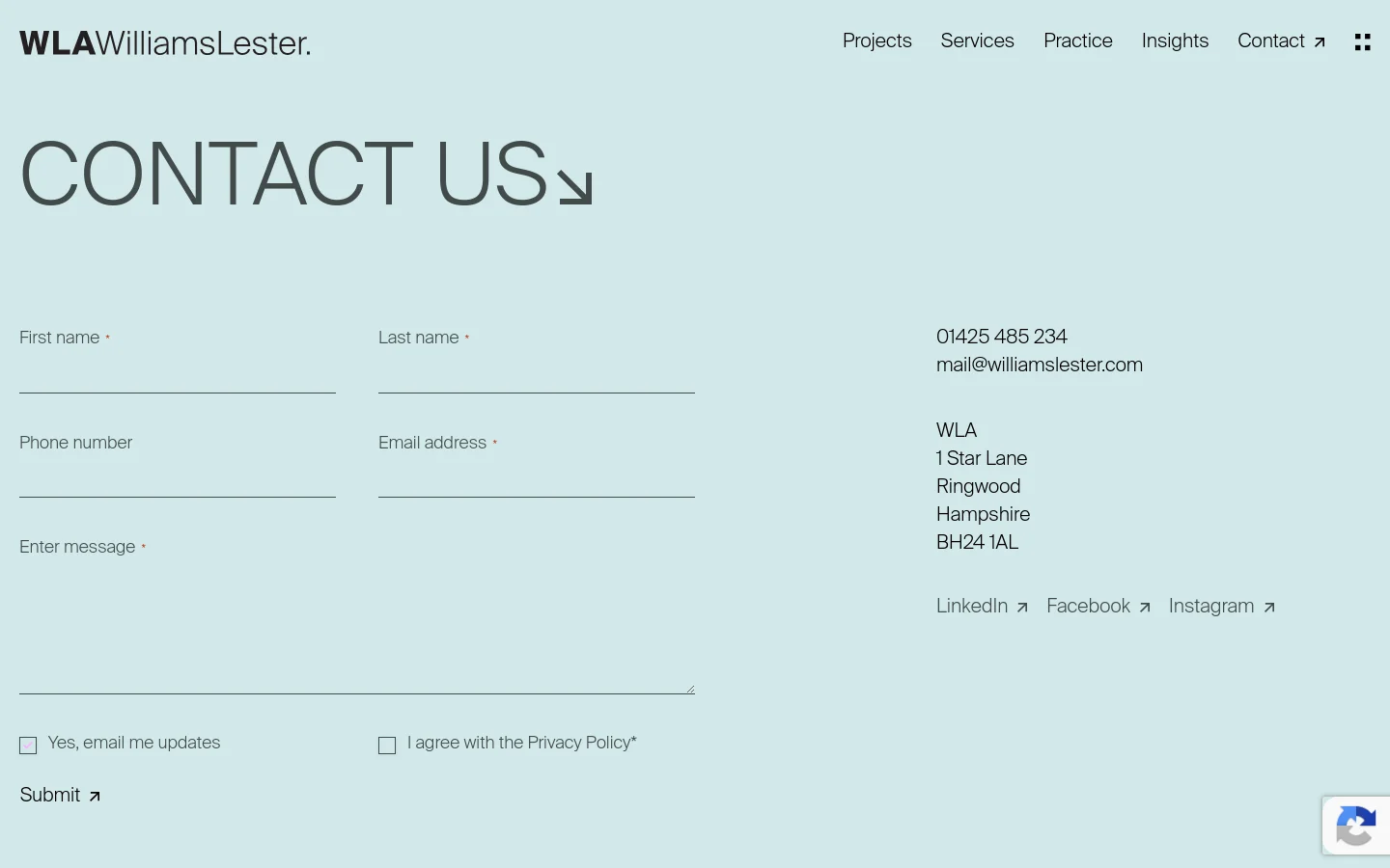 The desktop Contact page features a minimalist design with a light sage green background and black text. A large 'CONTACT US' headline sits at the top, followed by a multi-column layout containing a contact form on the left and contact details, including phone, email, address, and social media links, on the right. The navigation menu is positioned at the top right.