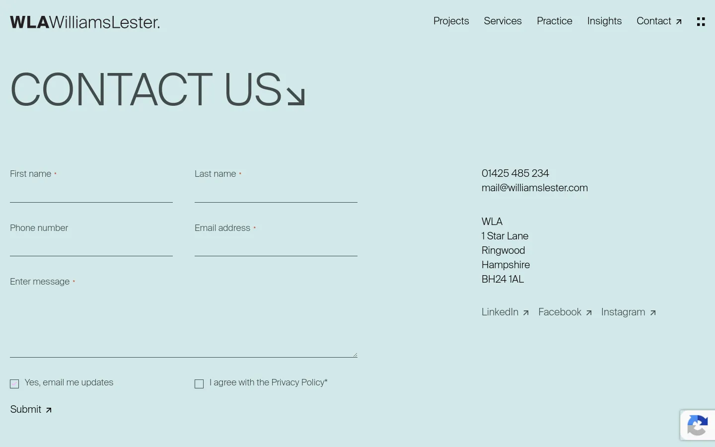 The desktop Contact page features a minimalist design with a light sage green background and black text. A large 'CONTACT US' headline sits at the top, followed by a multi-column layout containing a contact form on the left and contact details, including phone, email, address, and social media links, on the right. The navigation menu is positioned at the top right.