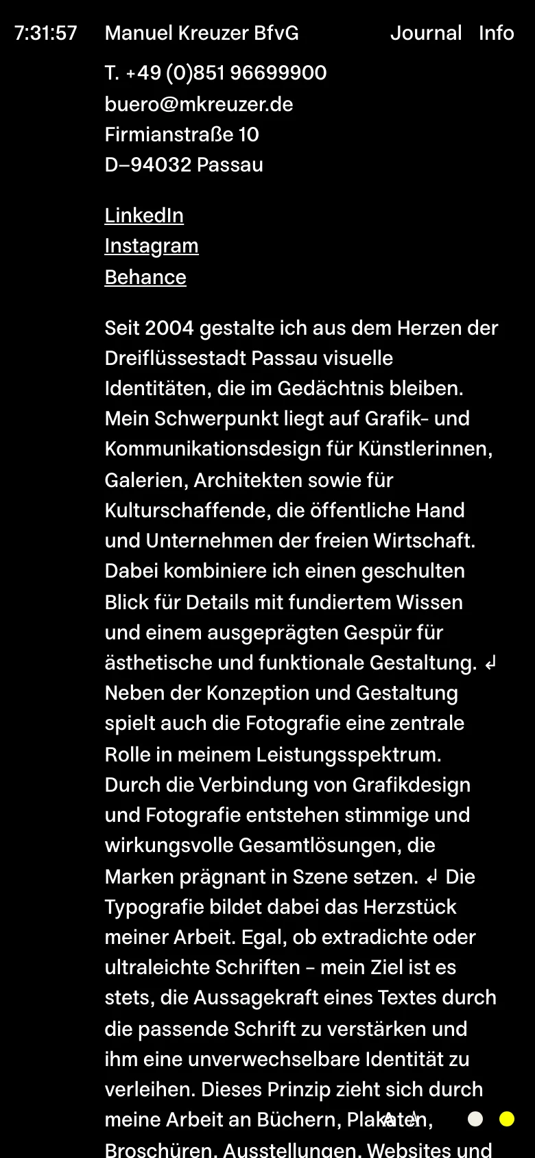The mobile version uses a single-column vertical layout optimized for small screens. The contact details and navigation links are stacked at the top, followed by the biographical text, and ending with the black-and-white portrait photograph at the bottom of the scroll.