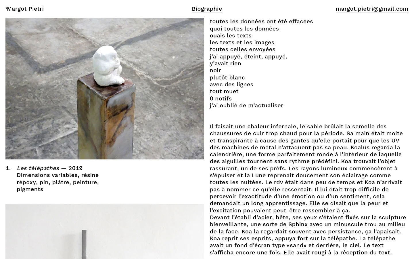 The desktop homepage features a minimalist layout with a large photograph of a white sculpture on a dark pedestal on the left. To the right, the artist's name, navigation links, and contact email are at the top, followed by a block of French text and a titled artwork description. The color palette is neutral, dominated by whites, greys, and earthy tones.