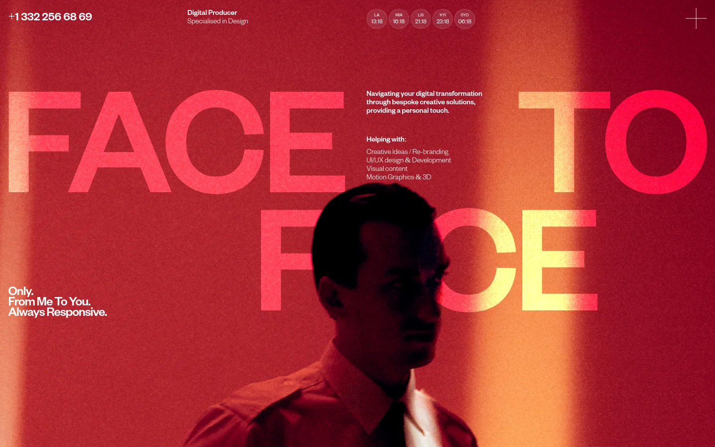 A desktop homepage with a bold red and orange gradient background featuring large, stylized 'FACE TO FACE' typography. A man's portrait is overlaid in the center, and the layout includes a phone number, professional title, world clock times, and a list of services like UI/UX design and Motion Graphics. The design is minimalist with white text and a clean, modern aesthetic.
