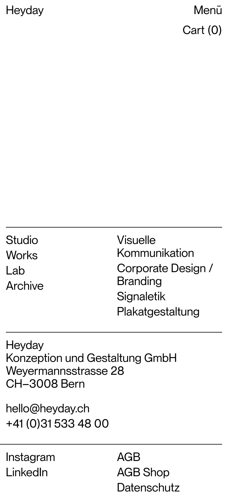 The mobile version presents a simplified interface with a top header containing the Heyday logo, a 'Menü' button, and the Cart count. The product grid and footer information are stacked vertically to fit the narrow screen, maintaining the clean, white aesthetic and legible black text.