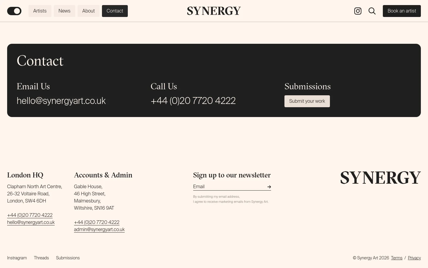 The desktop Contact page features a dark grey hero section with large white text displaying contact options: Email Us, Call Us, and a Submissions button. Below the hero, a white footer contains three columns for London HQ details, Accounts & Admin details, and a newsletter signup, alongside the Synergy logo. The layout is spacious with a minimalist aesthetic using black, white, and grey tones.