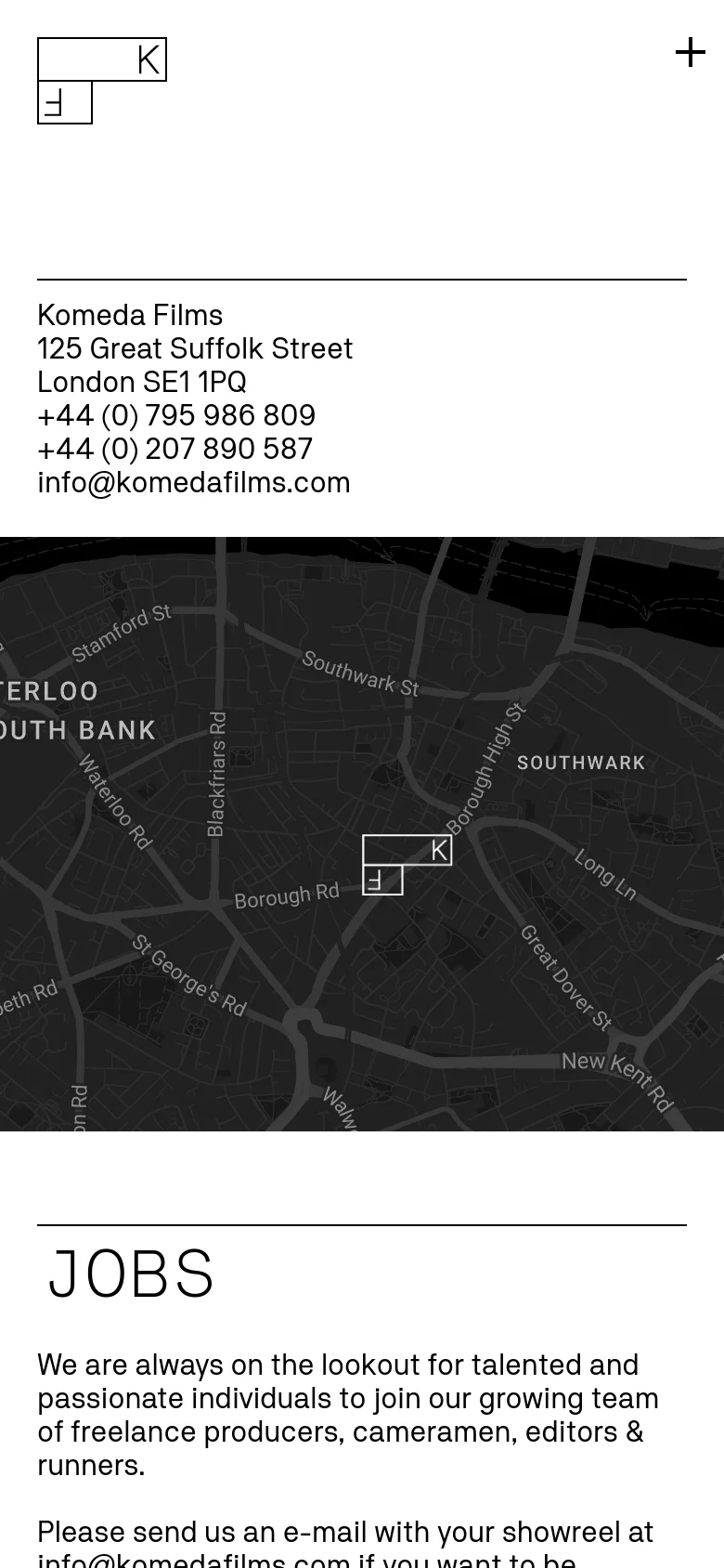 The mobile version presents a single-column vertical layout. The contact information is positioned at the top, followed by a full-width dark map, and concludes with the 'JOBS' section at the bottom. The layout is simplified for vertical scrolling compared to the side-by-side desktop view.