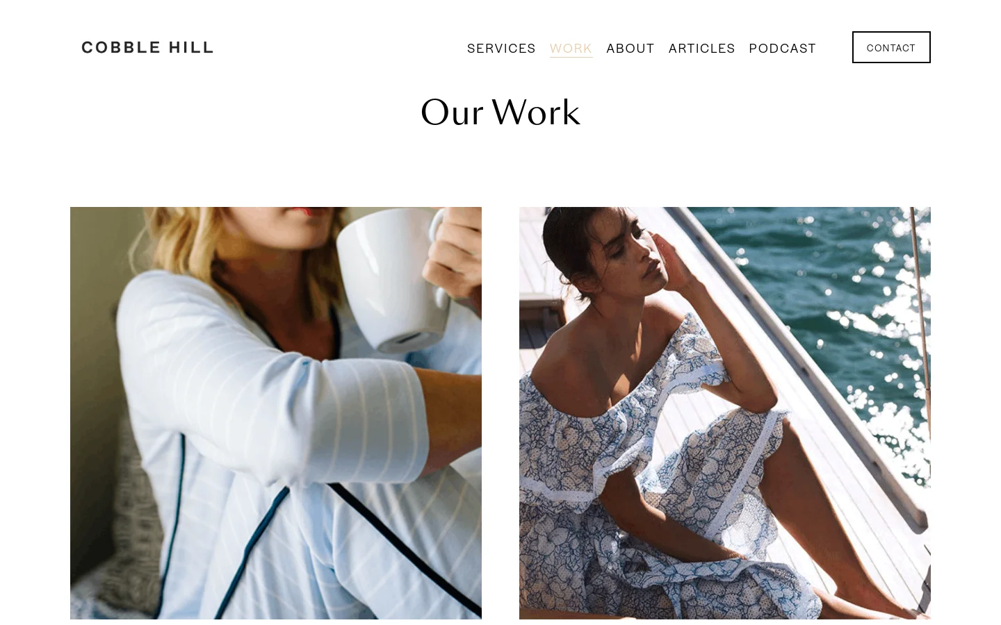 The 'Our Work' page features a minimalist white background with a large centered headline. Below the headline, a grid of large, high-quality project images showcases various brand case studies, each accompanied by its brand name in simple black text.