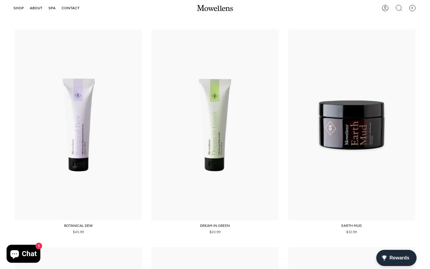 The desktop shop page features a clean, minimalist layout with a white background and a top navigation menu containing links for Shop, About, Spa, and Contact. A grid of skincare products is displayed, including Botanical Dew, Dream in Green, and Earth Mud, each shown with a large product image, name, and price. The design uses a neutral color palette with black text and subtle grey accents.