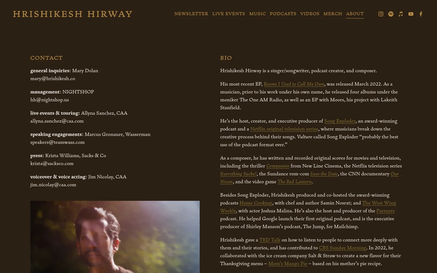 The About page features a dark brown background with gold text. The desktop layout shows a two-column design with contact information on the left and a detailed biography on the right, accompanied by a large portrait photo of Hrishikesh Hirway in the bottom left corner.
