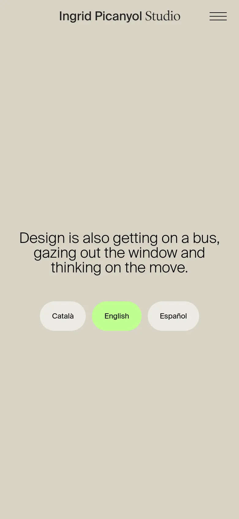 The mobile version maintains the minimalist beige aesthetic but uses a vertical layout. The large central headline and language selection buttons are stacked vertically in the center of the screen, followed by a single-column list of blog posts that includes dates, titles, excerpts, and images.