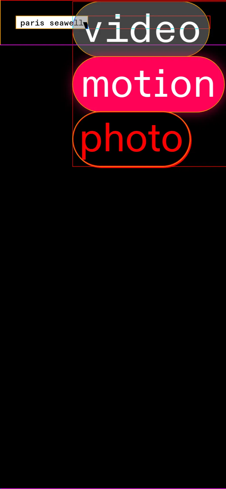 The mobile version features a vertical stack of the three large pill-shaped buttons: 'video' in grey, 'motion' in glowing pink, and 'photo' in red outline. The layout is condensed to fit the narrow screen, with the 'paris seawell' branding positioned at the top left against a black background.