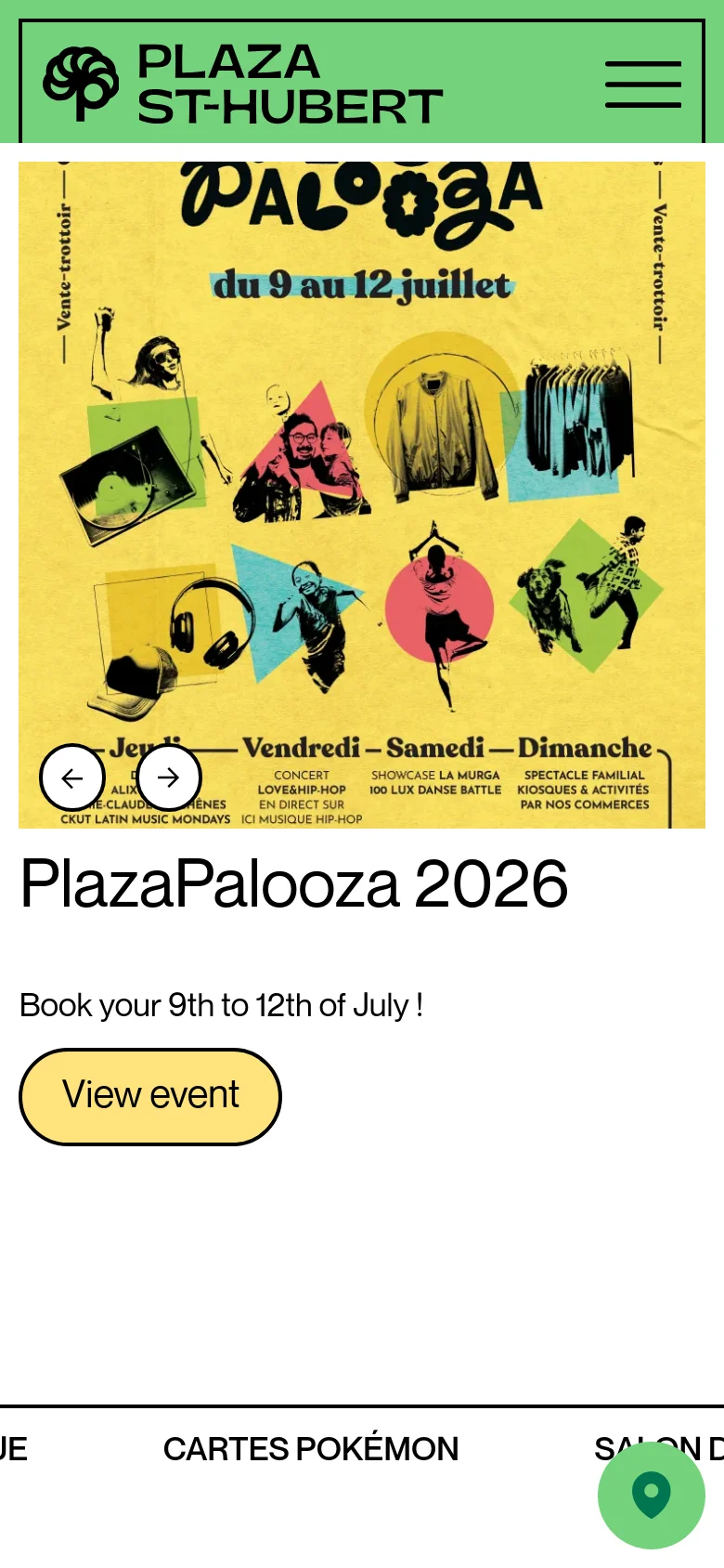 The mobile version uses a full-width layout with a green header containing the logo and a hamburger menu icon. Below the header, a large, vibrant promotional image for 'PlazaPalooza 2026' spans the width of the screen, followed by the event title, dates, and a prominent 'View event' button.