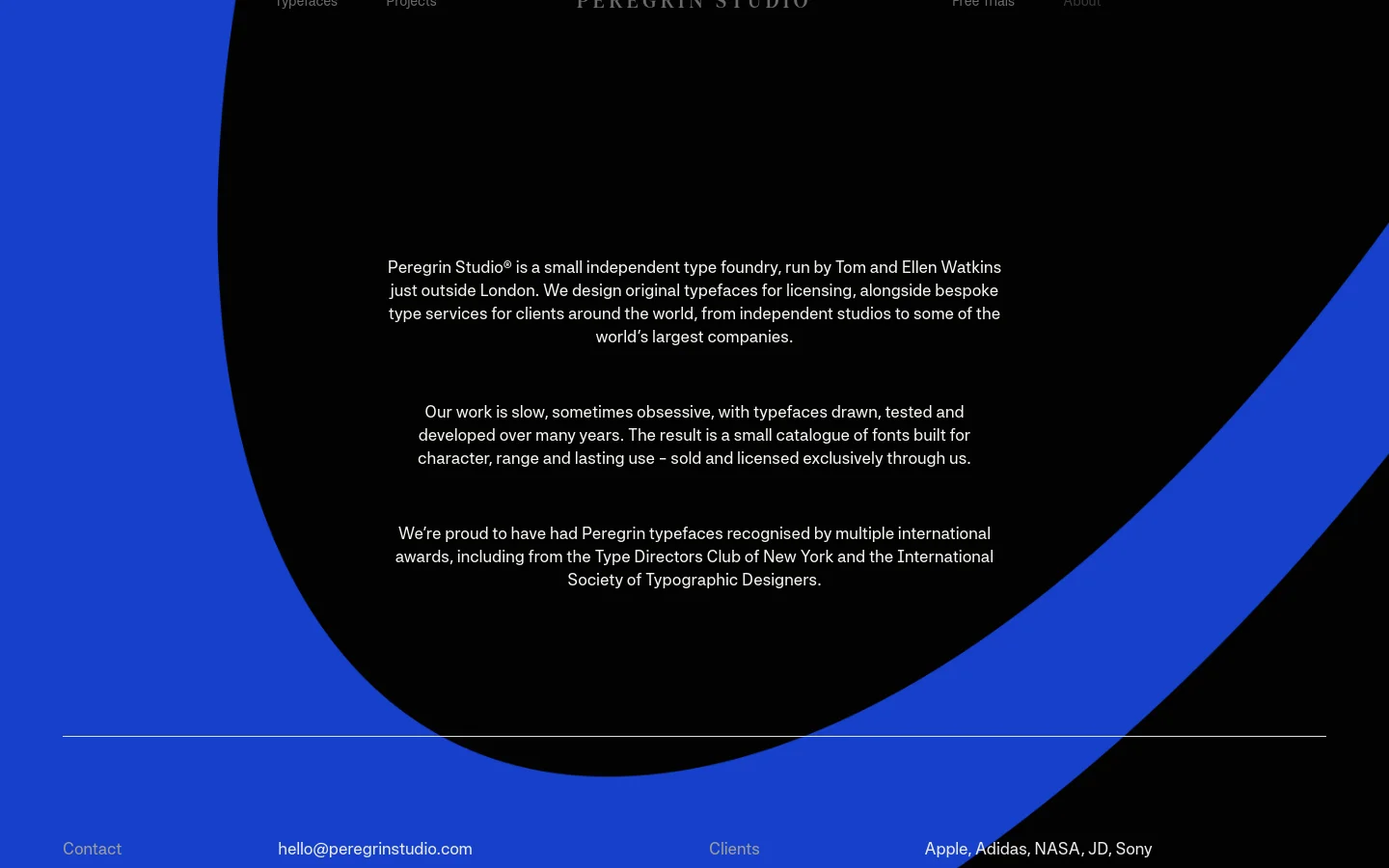 The About page for Peregrin Studio features a minimalist design with white text on a black background, framed by large, sweeping blue curves on the sides. The layout consists of a centered header with the studio name and a navigation menu, followed by several paragraphs of descriptive text about the type foundry. The bottom of the page includes contact information, a client list, and a multi-column footer.