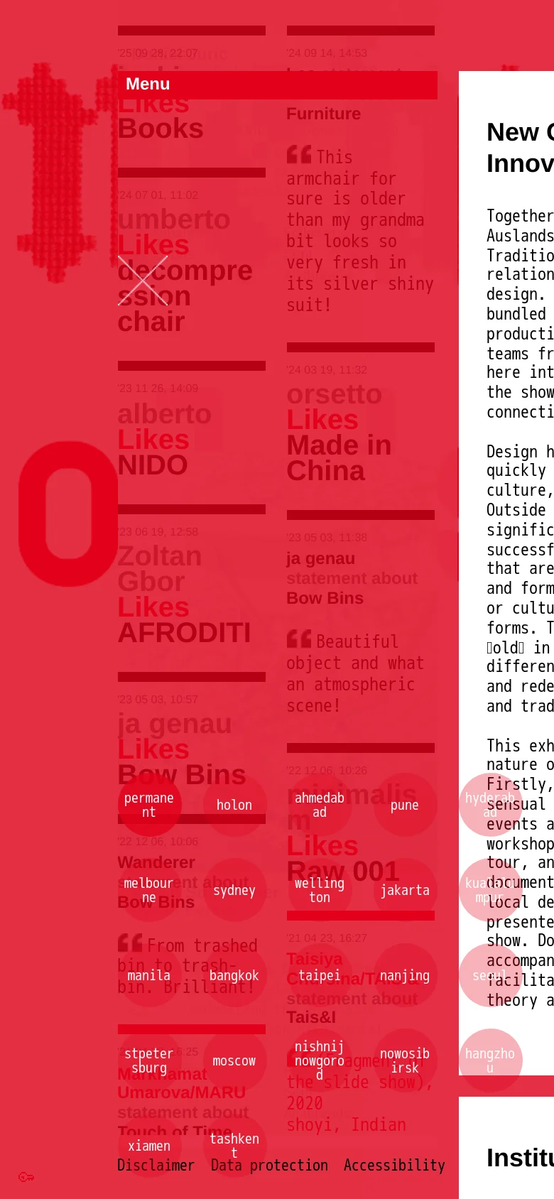 The mobile version uses a single-column layout with a prominent red header and a full-screen red menu overlay. The text content is stacked vertically, and the exhibit grid transitions from multiple columns to a single vertical list of images and descriptions for easier scrolling.