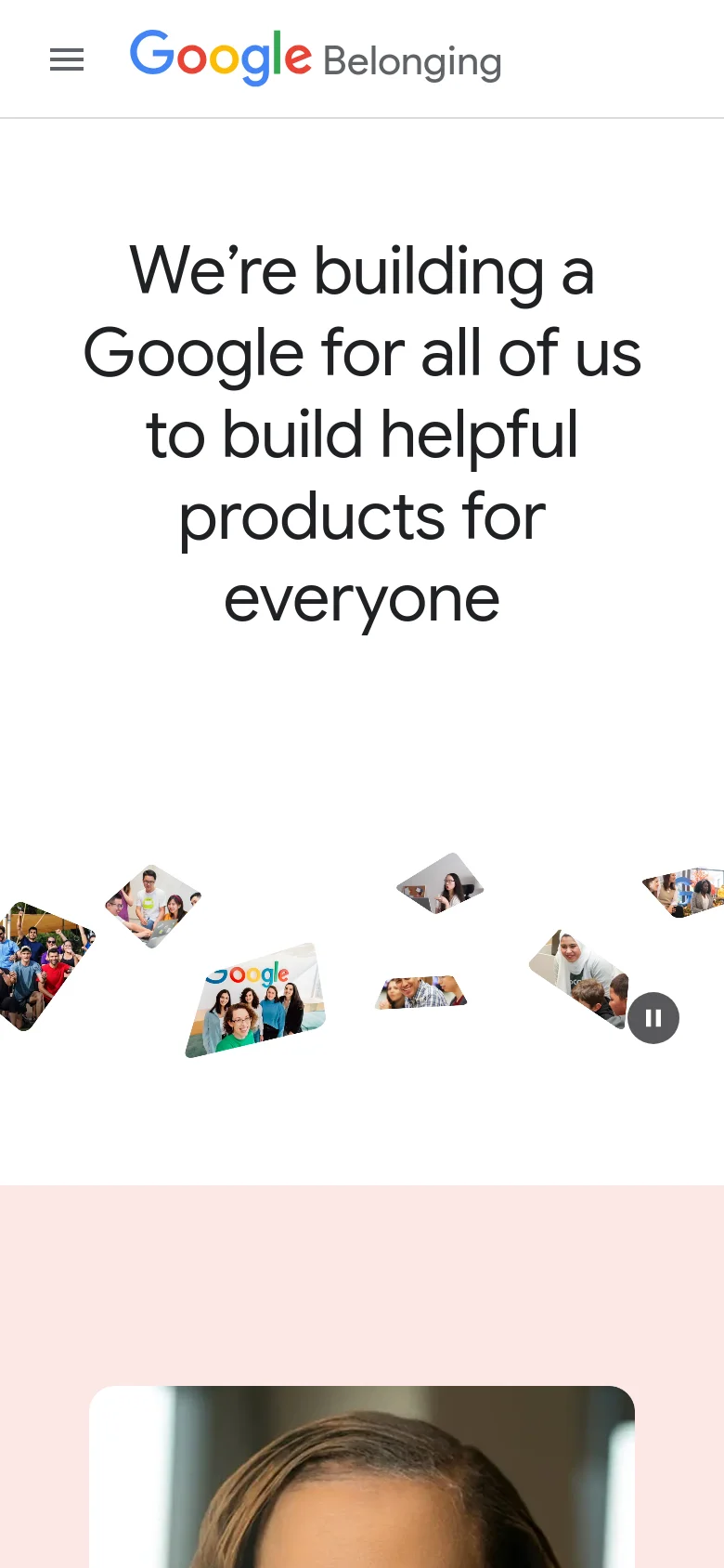 The mobile version maintains the same minimalist white aesthetic and large centered headline as the desktop view. The layout is vertically oriented, with the collage of diverse people appearing below the main text, though the images are more tightly clustered to fit the narrower screen width.