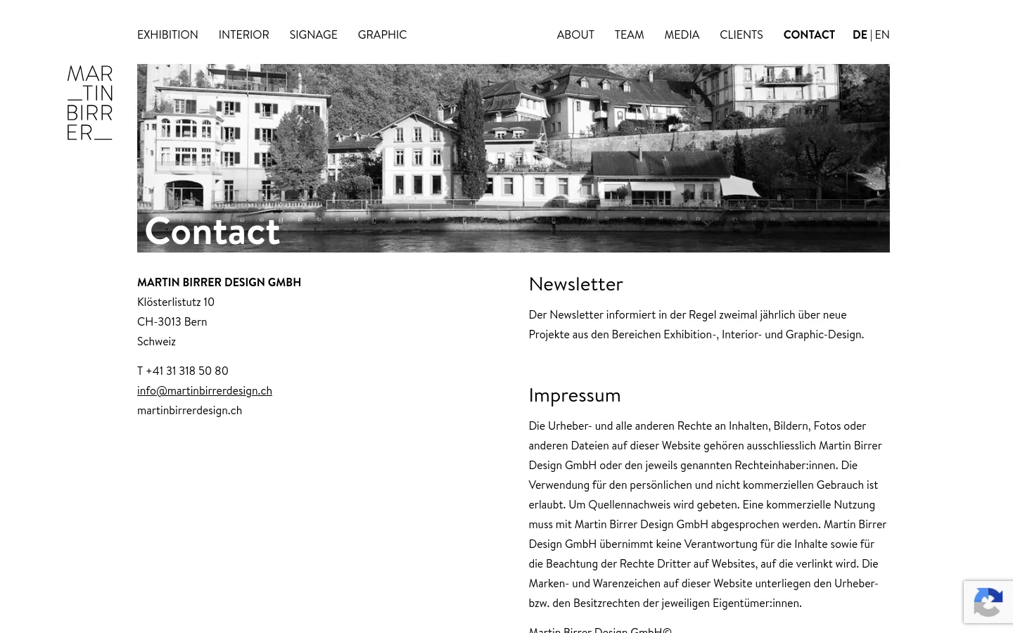 The desktop page features a wide, black-and-white landscape photograph of buildings in Bern as a hero image with the word 'Contact' overlaid. Below, the layout is split into two columns: the left column contains the company name, address, phone number, and email, while the right column contains 'Newsletter' and 'Impressum' sections. The design is minimalist with black text on a white background and a clean top navigation menu.