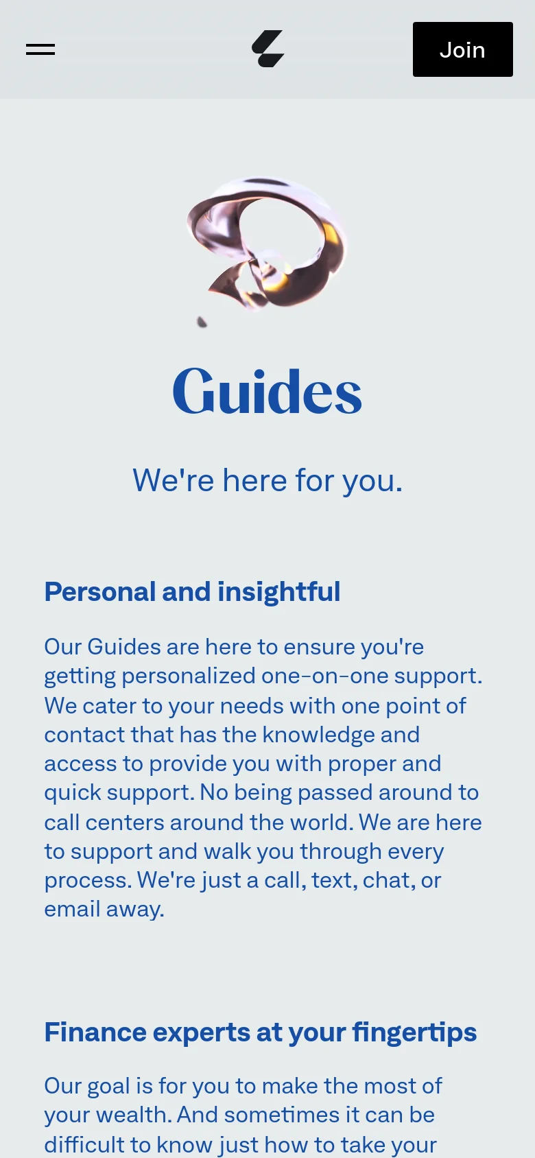 The mobile version presents a simplified vertical layout with a hamburger menu icon on the left and a black 'Join' button on the right. The hero section remains centered, featuring the iridescent metallic graphic, the large blue 'Guides' title, and the subheadline, followed by stacked text sections for 'Personal and insightful' and 'Finance experts at your fingertips' on a light blue-gray background.
