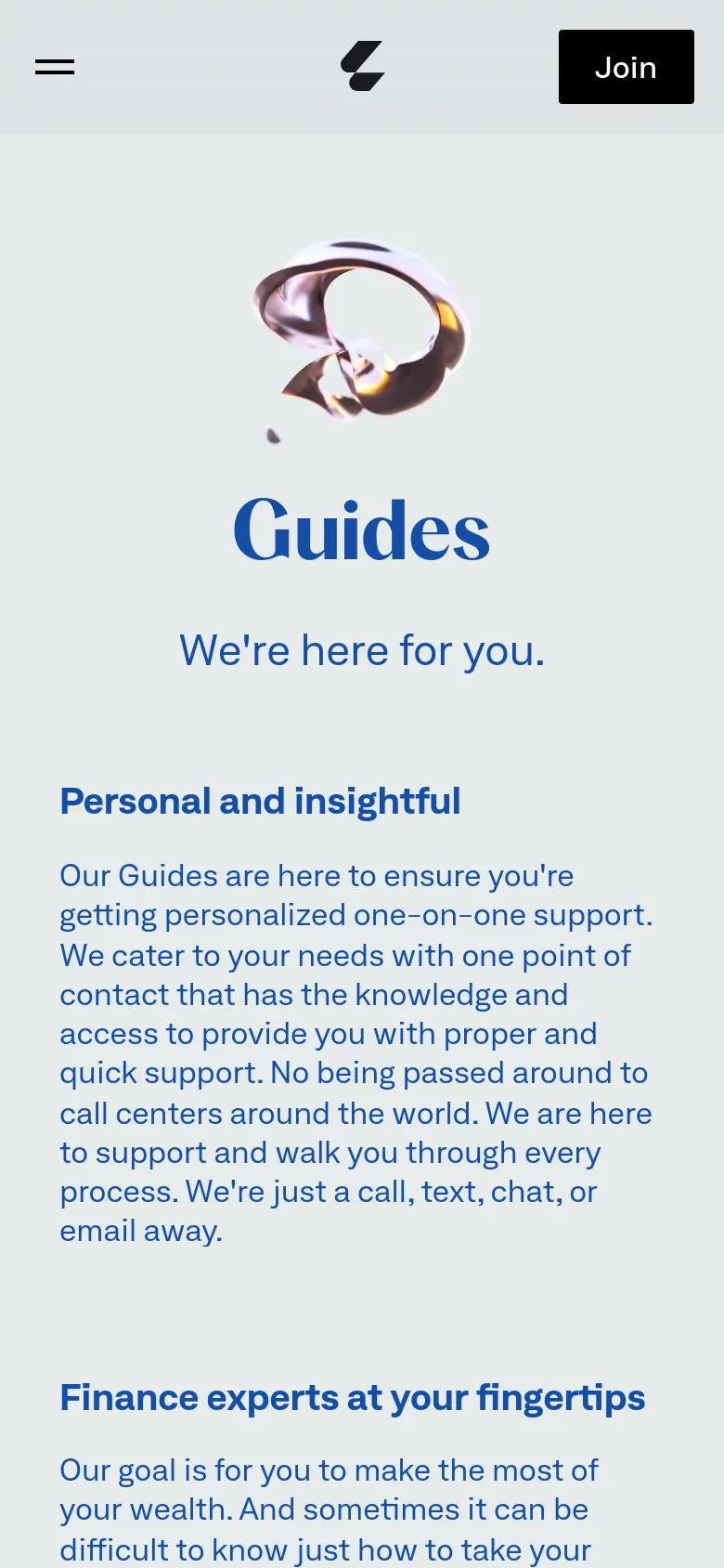 The mobile version presents a simplified vertical layout with a hamburger menu icon on the left and a black 'Join' button on the right. The hero section remains centered, featuring the iridescent metallic graphic, the large blue 'Guides' title, and the subheadline, followed by stacked text sections for 'Personal and insightful' and 'Finance experts at your fingertips' on a light blue-gray background.