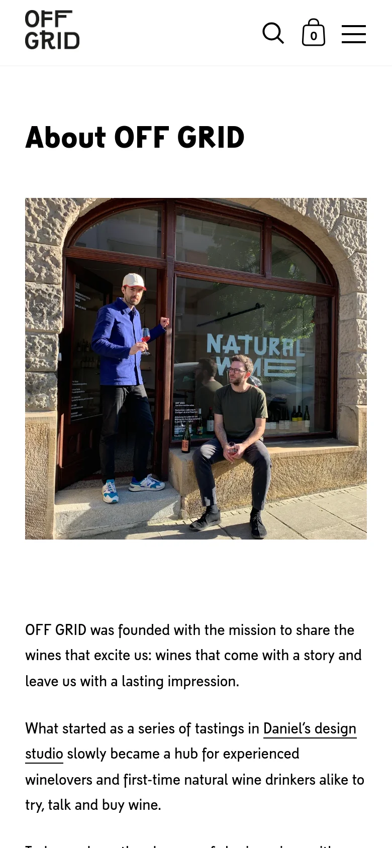 The mobile version features a centered header with the 'OFF GRID' logo, a search icon, a shopping bag icon, and a hamburger menu icon. The main content displays the 'About OFF GRID' headline followed by the same hero image of two men in front of the shop, with the text content flowing vertically below the image.