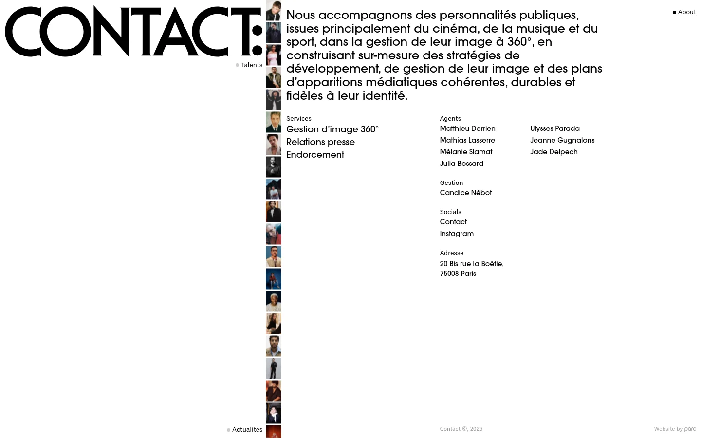 The desktop About page features a large black 'CONTACT:' logo on the left, with a vertical strip of small talent portrait photos running down the side. The main content area on the right uses bold black typography on a white background to describe the agency's services, agents, and contact information arranged in multiple columns.