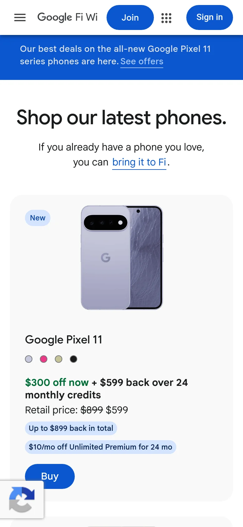 The mobile version simplifies the layout into a single-column view, focusing on one phone card at a time. The header includes a hamburger menu and the Google Fi Wireless logo, while the large headline and promotional text are centered above the product card. The blue promotional banner remains at the top of the screen.