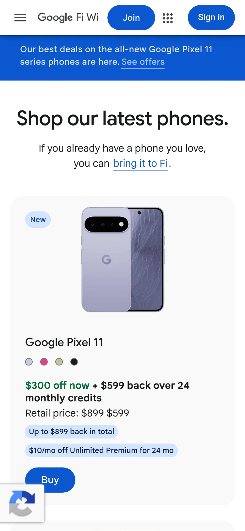 The mobile version simplifies the layout into a single-column view, focusing on one phone card at a time. The header includes a hamburger menu and the Google Fi Wireless logo, while the large headline and promotional text are centered above the product card. The blue promotional banner remains at the top of the screen.