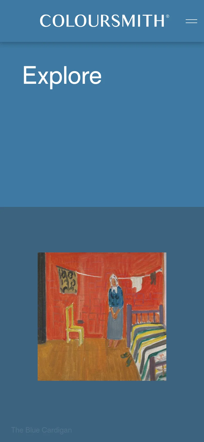 The mobile version shows a simplified view with a large blue hero section containing the 'Explore' title and a hamburger menu. The content below transitions to a single-column vertical stack of large color tiles and inspiration images.