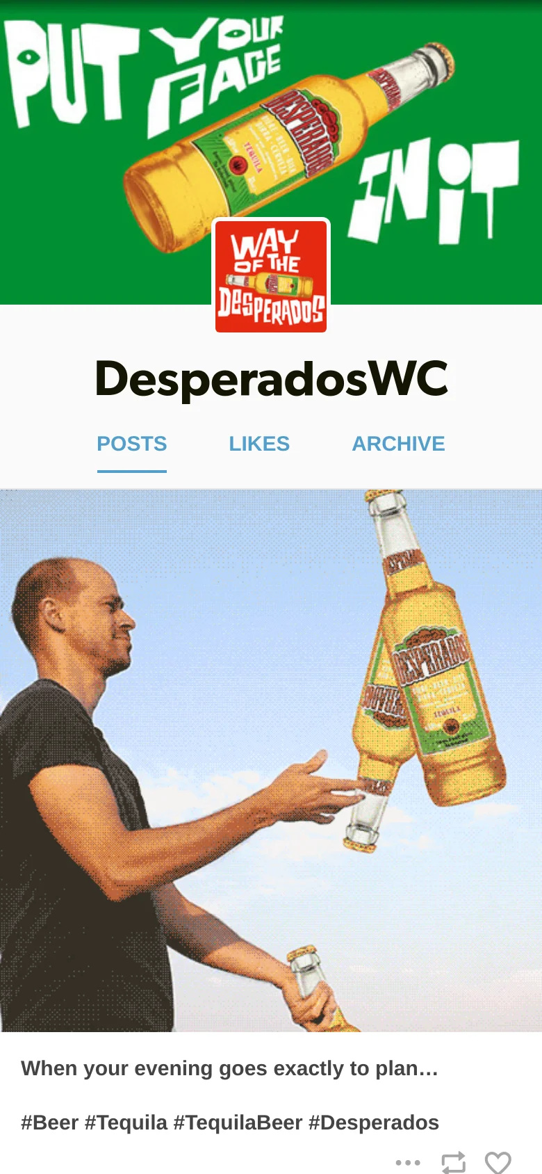 The mobile version presents a vertically stacked layout starting with the green Desperados brand banner and logo. The title 'DesperadosWC' and navigation links follow, positioned above the primary post which features a large GIF of a man with beer bottles. The interface is simplified for a narrow screen, focusing on the central image and text content.