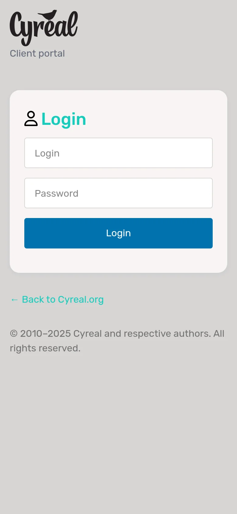 The mobile version maintains the same layout as the desktop, featuring a centered white login card on a gray background. The login form includes a teal heading, two text input fields, and a prominent blue button. The interface is simplified for a vertical screen, with the 'Back to Cyreal.org' link and footer text stacked below the main card.