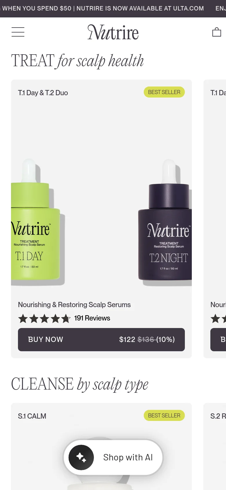The mobile version presents a single-column vertical layout optimized for scrolling. The product cards, such as the 'T.1 Day & T.2 Duo', span the width of the screen and feature large product images, pricing, and prominent 'BUY NOW' buttons. A floating 'Shop with AI' button is visible at the bottom of the screen.