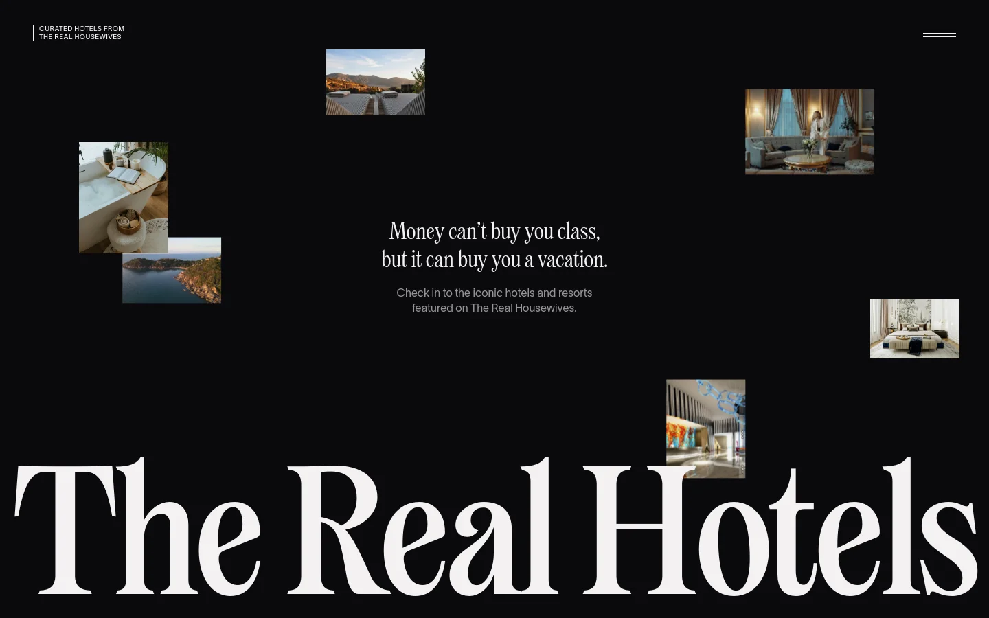 The desktop homepage features a dark, elegant theme with large white serif typography. A hero section displays a collage of luxury hotel images—including a bathtub, a scenic view, and a lounge—surrounding the headline 'Money can’t buy you class, but it can buy you a vacation.' A primary call to action button labeled 'explore the map' is positioned below the introductory text.