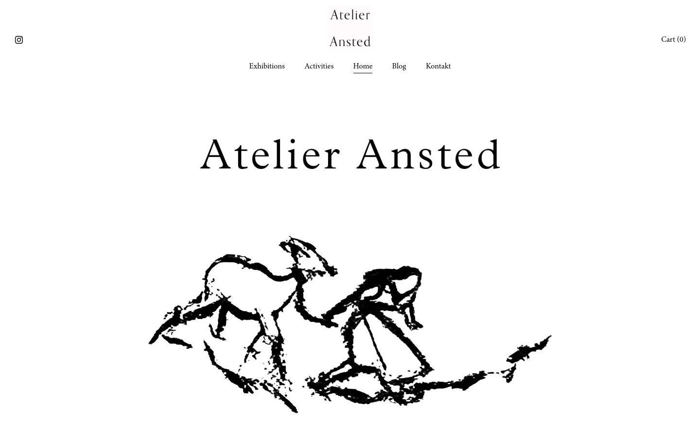The desktop homepage features a minimalist white background with the 'Atelier Ansted' logo centered at the top. Below the navigation menu, a large black and white graphic of a deer and a girl is displayed, followed by a grayscale section containing text about art exhibitions and courses overlaid on a photo of an art studio.
