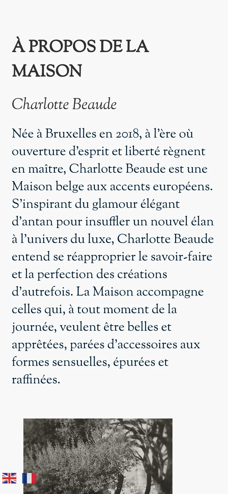 The mobile version maintains the minimalist aesthetic but uses a vertical single-column layout for easier scrolling. The navigation menu is condensed into a hamburger icon in the top right, and the text is centered or left-aligned to fit the narrower screen width. Images are stacked vertically between blocks of text.