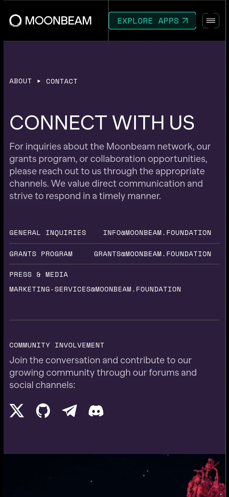 The mobile version uses a single-column vertical layout, stacking the text content above the landscape imagery. The headline and contact information are centered or left-aligned at the top, followed by social media icons like GitHub and Discord. The navigation is condensed into a hamburger menu icon in the top right corner.