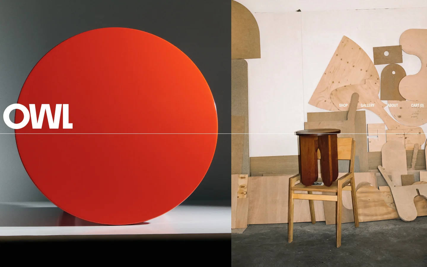 The desktop homepage features a minimalist design with a split-screen hero image showing a large red circular object on the left and a wooden chair against plywood shapes on the right. The white 'OWL' logo is positioned on the left, while the navigation menu with links for SHOP, GALLERY, ABOUT, and CART (0) is aligned to the right. The overall aesthetic is clean and modern with a neutral background.