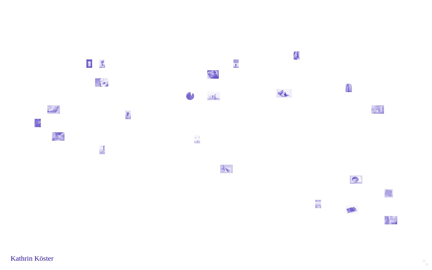 The desktop homepage for Kathrin Köster features a minimalist white background with a navigation menu at the top left. The main body consists of a scattered, collage-like arrangement of small, purple-tinted rectangular images and circular shapes spread across the screen. The name 'Kathrin Köster' is displayed in a large, serif font at the bottom left.
