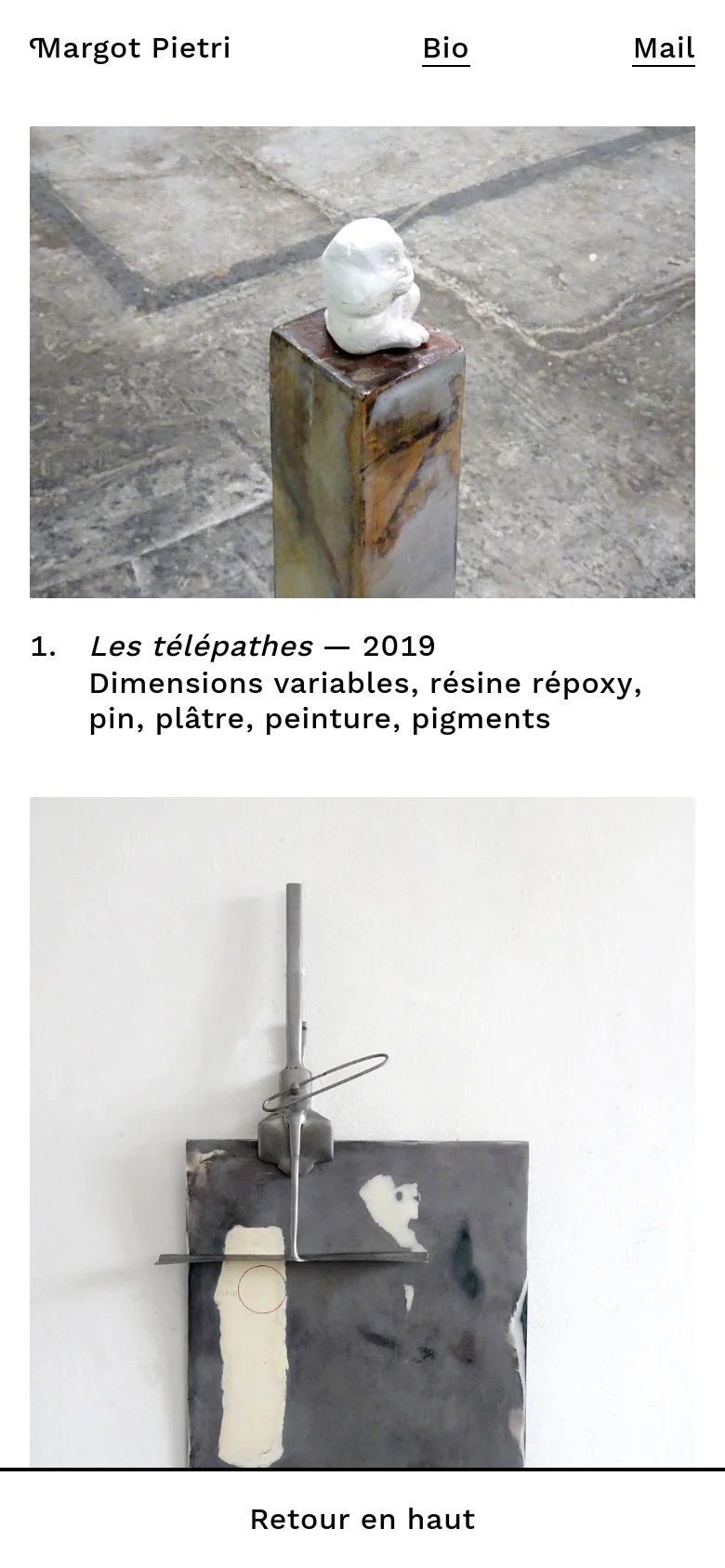 The mobile version presents a single-column vertical layout with the artist's name and simplified navigation links at the top. The large sculpture image spans the width of the screen, followed by the text content and artwork details stacked vertically. The design is streamlined for vertical scrolling on a narrow screen.
